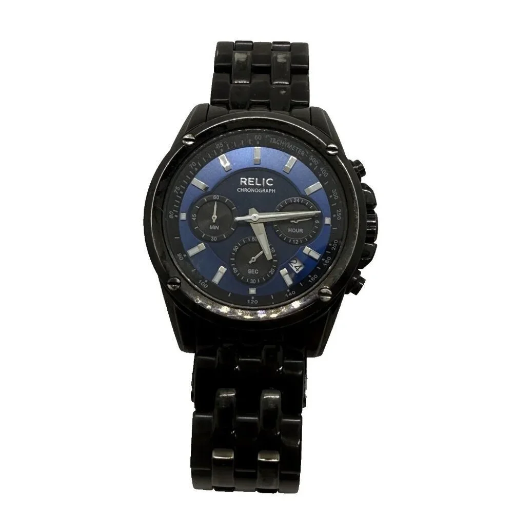 Relic Chronograph Multi Dial ZR66035 Blue Face Quartz Men's Watch Black Band